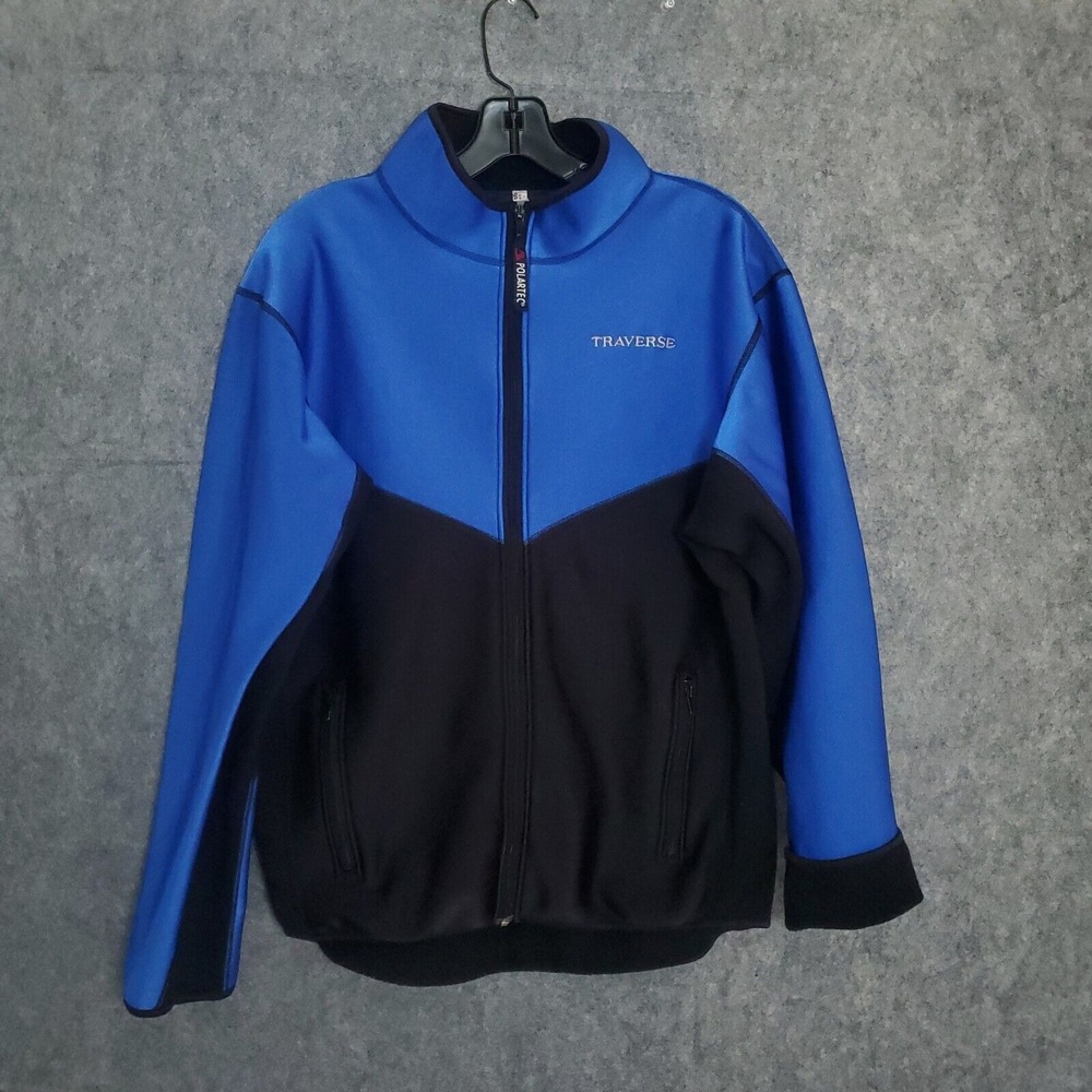 Vtg Traverse Bay Jacket Mens Large Full Zip Blue Black USA Softshell Windbreaker